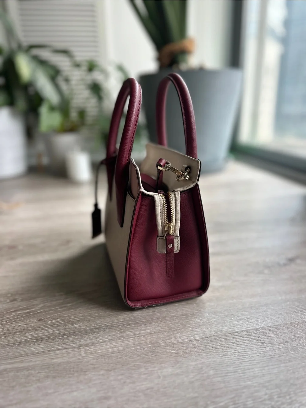 kate spade Cream and Burgundy Leather Top-Handle Satchel